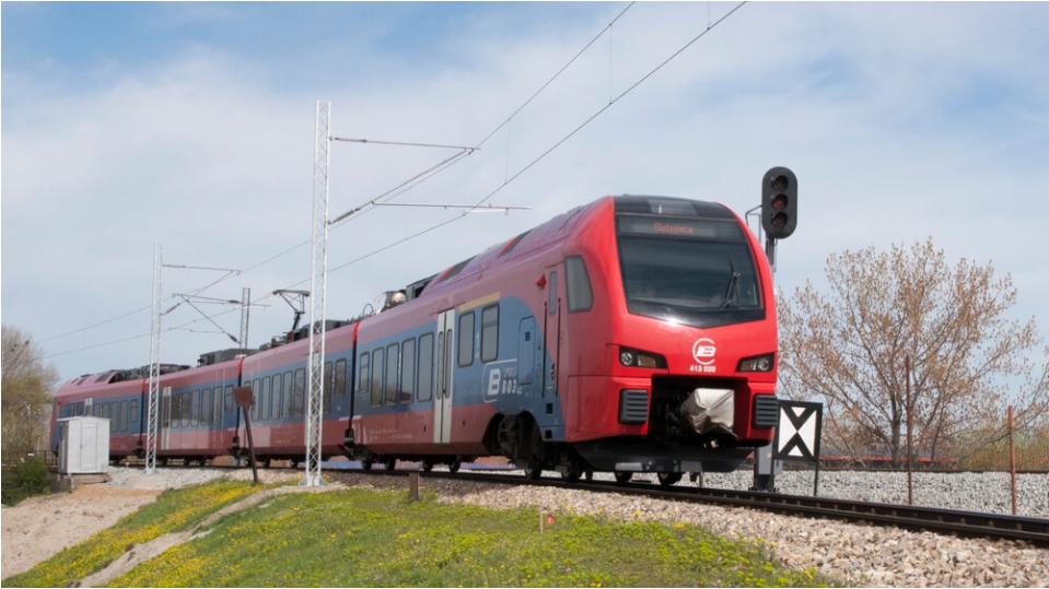 Red passenger train on the Serbian railway
